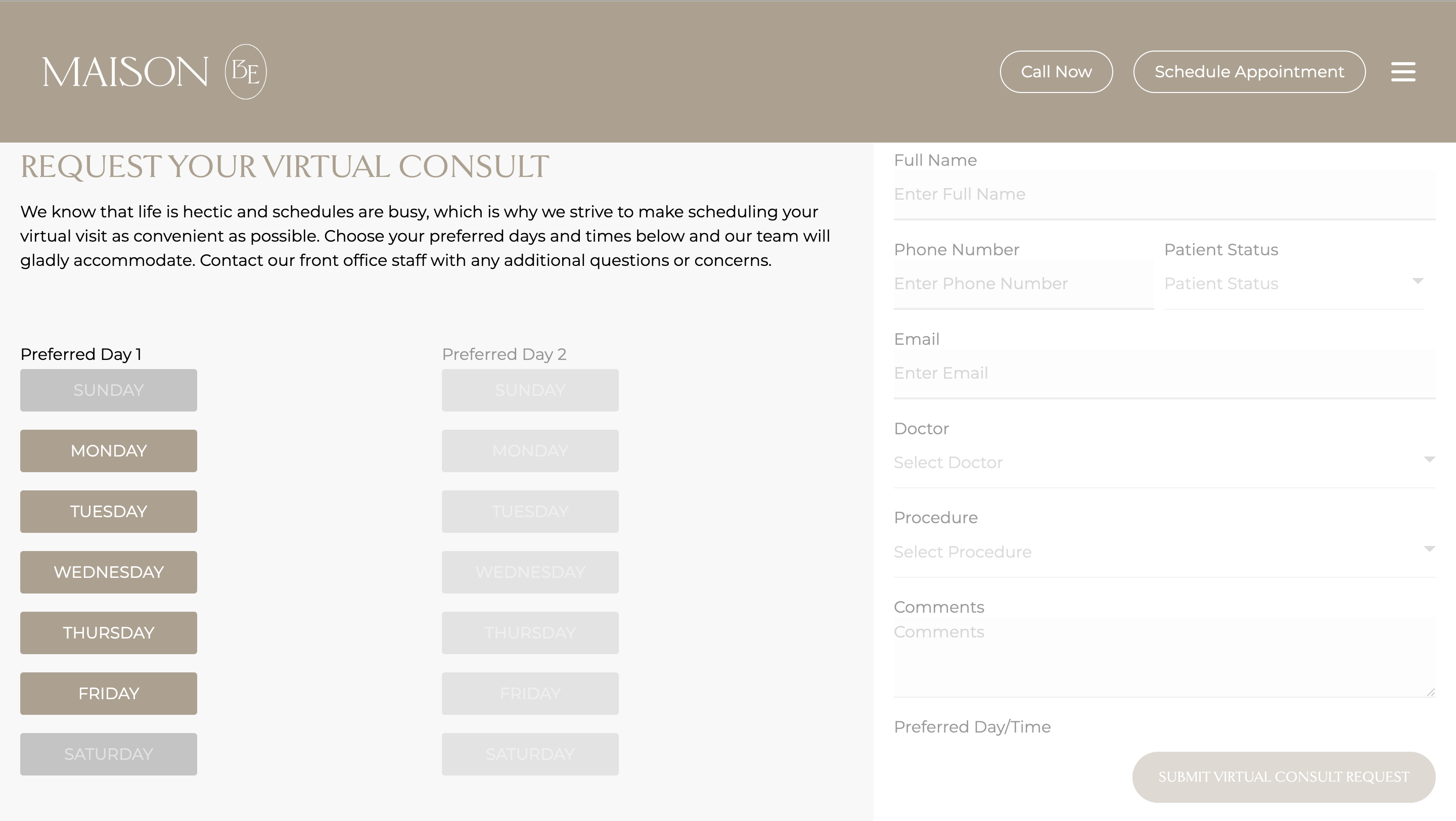 Virtual consultation booking system with day and time selection interface