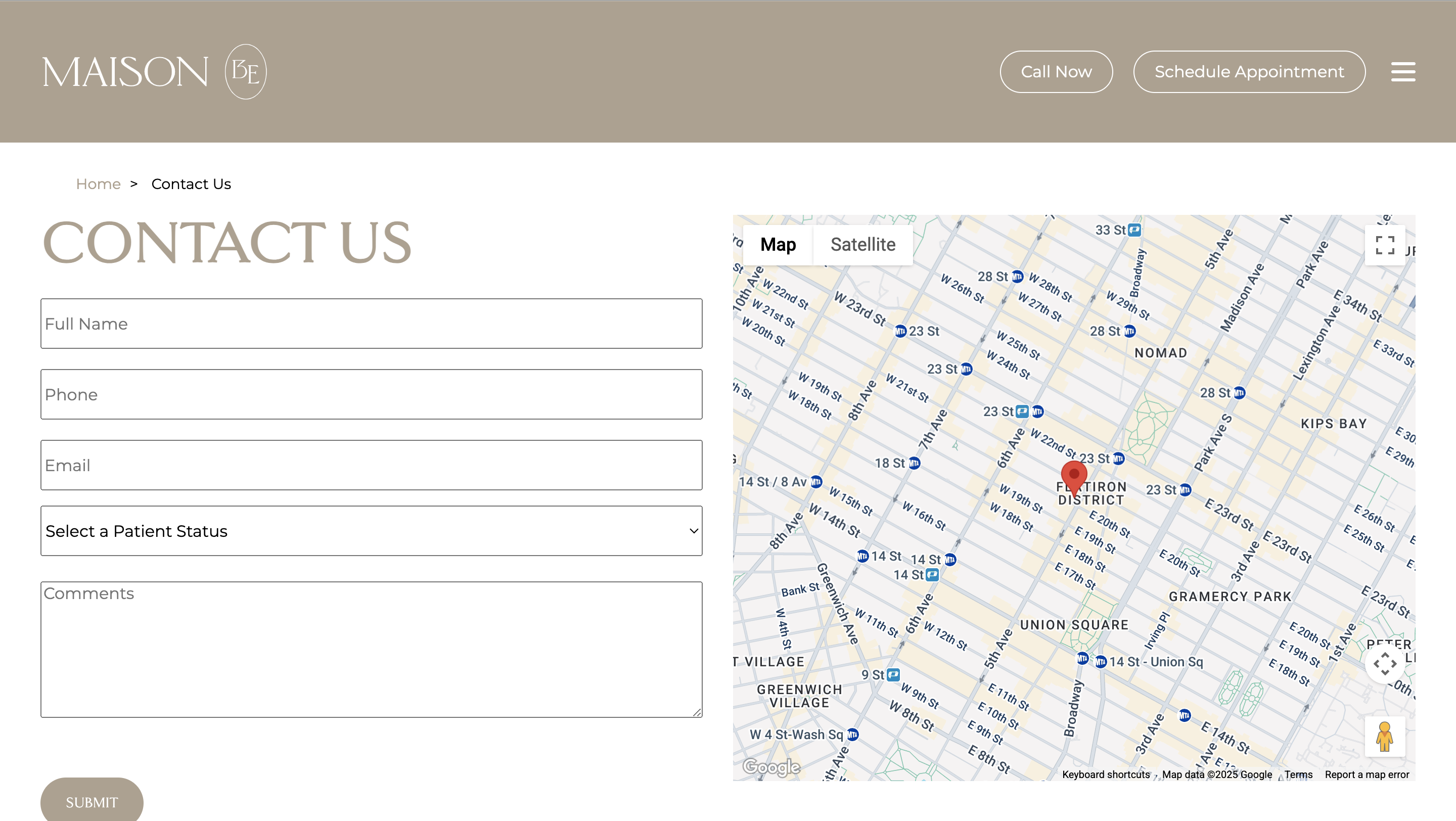Contact page with professional forms and integrated Google Maps