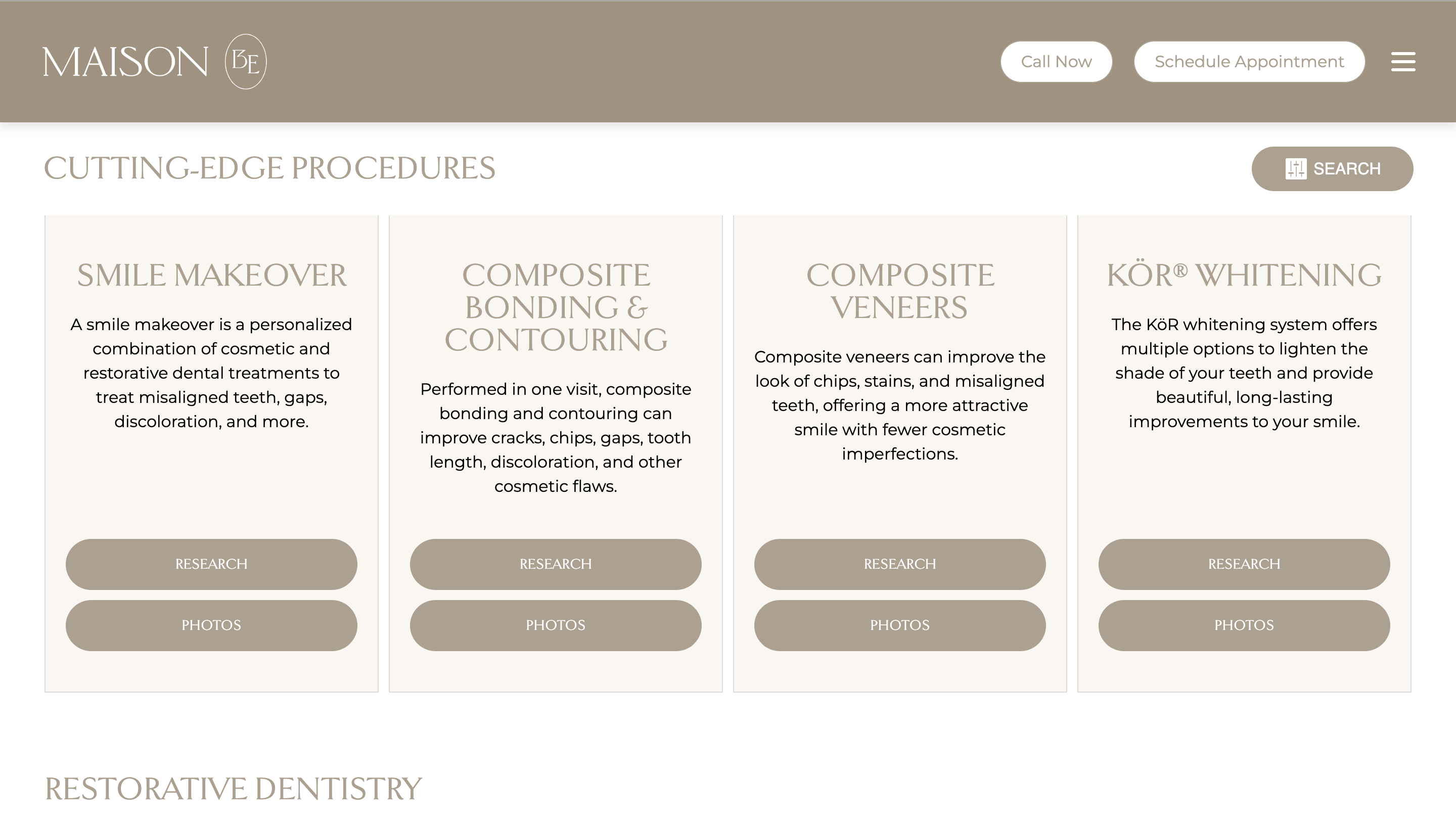 Cutting-edge procedures page showing dental services with elegant card layout